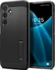 A black phone case with a kickstand is shown next to a smartphone displaying the time and date. Anteprima dell’immagine prodotto