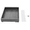A gray metal drawer with ventilation slots and some white strips and screws next to it, on a white background. Podgląd zdjęcia produktu