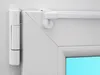 Close-up of a white window hinge and part of a curtain rod. Produktbild-Vorschau