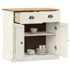 A white and wood sideboard with its doors and drawer open, revealing shelves and dishes inside. Voir les images du produit