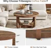 A round coffee table with a lower shelf is shown in a living room setting, with close-up details of its construction and features. Anteprima dell’immagine prodotto