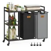 A laundry cart with two compartments, shelves, and various cleaning products. Produktbild-Vorschau