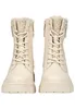 A pair of beige lace-up boots with faux fur lining, shown from the front. Produktbild-Vorschau