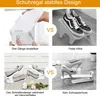 A collage displaying different shoe storage solutions, comparing adjustable and fixed height options. Produktbild-Vorschau