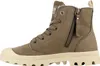 A side view of a brown Palladium ankle boot with a cream-colored sole and toe cap. Produktbild-Vorschau