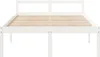 A white wooden bed frame with a slatted base, shown from the front. Produktbild-Vorschau