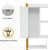 A close-up view of a white and gold bookshelf with one door open, showing magnetic closure and a safety warning symbol. Podgląd zdjęcia produktu