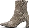 A single beige and brown snakeskin print ankle boot with a block heel, shown from the side against a white background. Produktbild-Vorschau