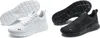 Two pairs of Puma sneakers, one white and one black, are shown from a side and bottom view. Anteprima dell’immagine prodotto
