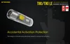 A promotional image for a Nitecore TIKI/TIKI LE keychain light, highlighting its accidental activation protection feature. Podgląd zdjęcia produktu
