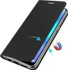 A black flip case for a Huawei P20 Lite phone, shown with the cover partially open to reveal the phone screen. A magnetic closure is indicated by a small magnet graphic. Produktbild-Vorschau