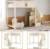 A loft bed with storage stairs and a desk area, shown in a room setting and as separate product views. Náhled obrázku produktu