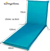 A blue lounge chair cushion is shown with dimensions and thickness indicated by text. Produktbild-Vorschau