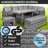 An outdoor seating set made of poly-rattan, displayed on a grassy surface with promotional text and certifications. Produktbild-Vorschau