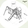A technical drawing of a wooden playground set with dimensions indicated. Náhled obrázku produktu