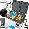 A collage of images showcasing a portable refrigerator-cooler, its features, and accessories. Produktbild-Vorschau