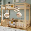 A wooden bunk bed for children, with dimensions and material details indicated by text and callouts. Produktbild-Vorschau