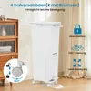 A white multi-compartment trash can with wheels is shown in a room with a wooden cabinet and curtains. Voir les images du produit