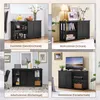 A collage of four images showing a black wooden cabinet in different room settings. Produktbild-Vorschau