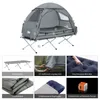 A collage of images showing a camping tent bed, its components, and accessories. Produktbild-Vorschau