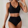 Bikiny s vysokým pasem - Dvoudílné plavky černé - Řasené Náhled obrázku produktu 5