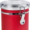 A close-up of the top part of a red storage container with a silver clasp and a clear lid. Produktbild-Vorschau