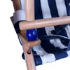 Close-up view of a wooden chair with blue and white striped fabric. Produktbild-Vorschau