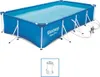 A rectangular above-ground swimming pool with a blue liner and white frame, filled with water. A filter pump is connected to the side. Produktbild-Vorschau