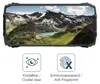 A smartphone displaying a mountain landscape, with icons and text below indicating screen clarity and fingerprint resistance. Podgląd zdjęcia produktu