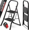A black two-step folding stepladder is shown from multiple angles against a white background. A close-up of the non-slip foot is also visible. Podgląd zdjęcia produktu