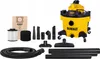 A collection of vacuum cleaner parts and accessories, including a yellow and black DeWalt wet/dry vacuum cleaner, filters, hoses, and various nozzles, arranged on a white background. Anteprima dell’immagine prodotto