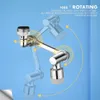 A chrome faucet extender with multiple rotating joints is shown against a blue background, with ghosted images illustrating its movement. Produktbild-Vorschau