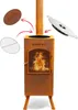 A rusty Corten steel outdoor fireplace with a chimney, a door with a mesh screen showing flames inside, and accessories like a grill grate and two covers. The product is shown on a white background with red arrows indicating how the accessories can be used Produktbild-Vorschau