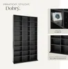 A black shelf unit designed for storing CDs is shown in a collage with descriptive text and close-up views. Náhled obrázku produktu