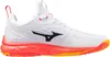 A side view of a white Mizuno Wave Luminous 3 athletic shoe with red and orange accents on the sole. Produktbild-Vorschau