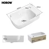 Diagrams and dimensions of a white ceramic sink with a wood-effect base. Anteprima dell’immagine prodotto