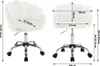 Two views of a white office chair with dimensions indicated. Produktbild-Vorschau