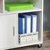 A white office cabinet with a green box on top and blue binders inside a compartment. Produktbild-Vorschau
