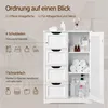 A white bathroom cabinet with drawers and a door, showcasing its storage capacity with various items like toiletries and towels. Produktbild-Vorschau