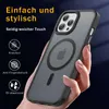 A hand holding a phone case with text and icons describing its features. Produktbild-Vorschau