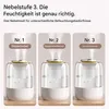 Three humidifiers shown side-by-side, each demonstrating a different mist mode. Produktbild-Vorschau