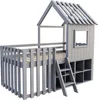 A grey wooden loft bed designed like a house with a fence and storage cubbies. Náhľad obrázku produktu