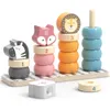 A wooden stacking toy with animal figures and colored rings. Produktbild-Vorschau