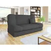 A dark gray sofa bed is shown in a well-lit living room with wooden floors and a white rug. Produktbild-Vorschau