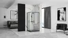 A modern bedroom with an integrated shower cabin, featuring a bed, a partition, and a large window with curtains. Produktbild-Vorschau