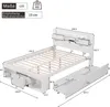 A diagram of a white bed frame with dimensions and features indicated. Produktbild-Vorschau