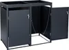 A dark grey metal bin enclosure with two compartments, one with a closed door and the other with an open door. Produktbild-Vorschau