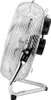A close-up, side view of a silver floor fan with a metal grill and black motor housing, set against a white background. Voir les images du produit