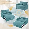 A collage showing a teal sofa bed in its different configurations: as a sofa, as a daybed with an ottoman, and as a bed. Arrows indicate the transformation process. Anteprima dell’immagine prodotto