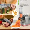 A collage comparing manual chopping with an electric food processor, showing both the process and the results. Produktbild-Vorschau